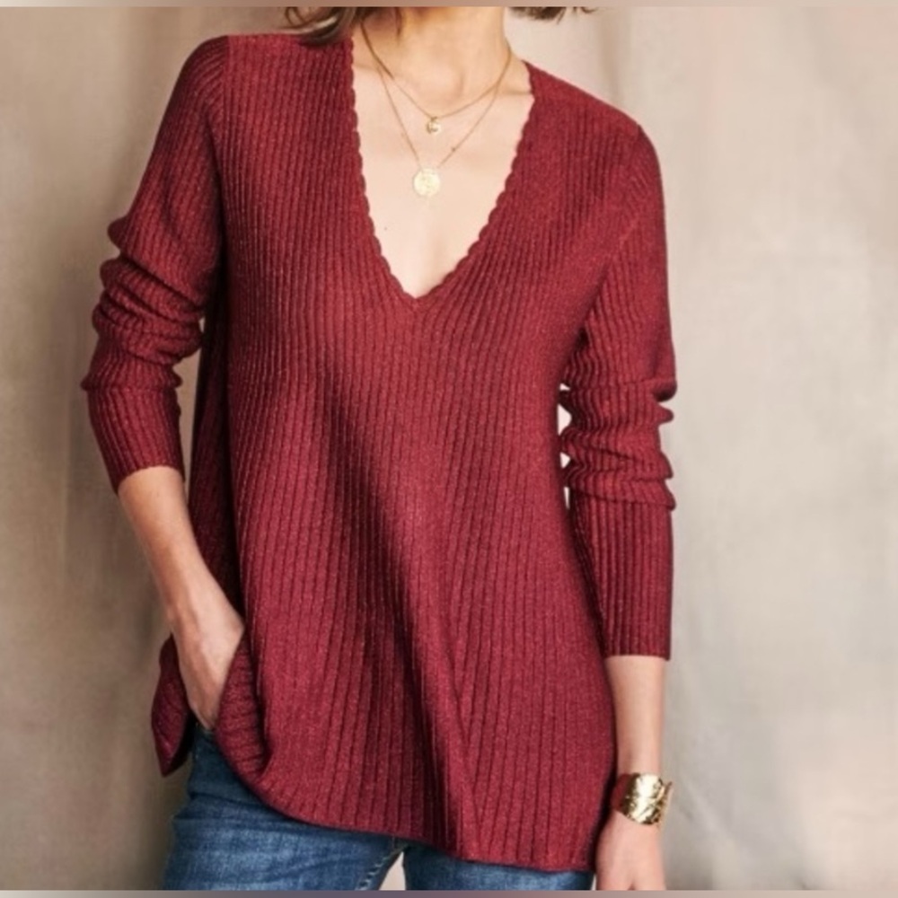Sezane Red Ribbed Sweater with Bow Detail Ernestine